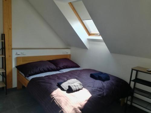 a bedroom with a bed with purple sheets and a window at Ubytování Pálava Perná in Perná
