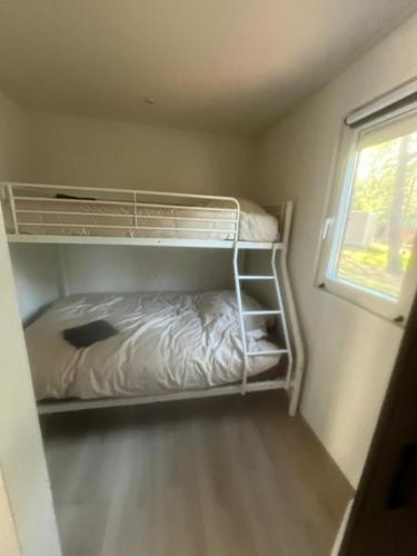 a small room with a bunk bed and a window at Luxe vakantiewoning Hellendoorn Sallandse Heuvelrug nmr 36 in Haarle