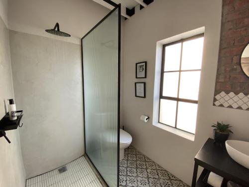a bathroom with a shower and a toilet and a sink at Bellamore - Stylish Loft Studio with Sea Views in Brenton-on-Sea