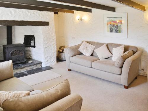 a living room with a couch and a fireplace at Dover Row Cottage in Zelah