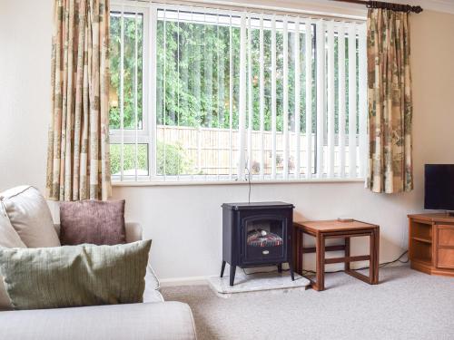 sala de estar con chimenea frente a una ventana en Mona's Bungalow, en Wellesbourne