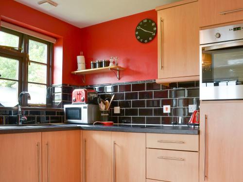 a kitchen with red walls and a black tile back splash at Tripp Cottage in Saint Neot