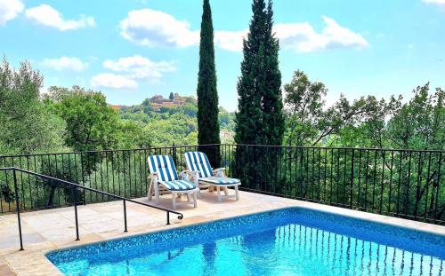 two chairs sitting next to a swimming pool at Provence villa with heated pool and amazing view in Montauroux