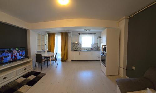 a living room with a kitchen and a dining room at Airport Residence in Otopeni