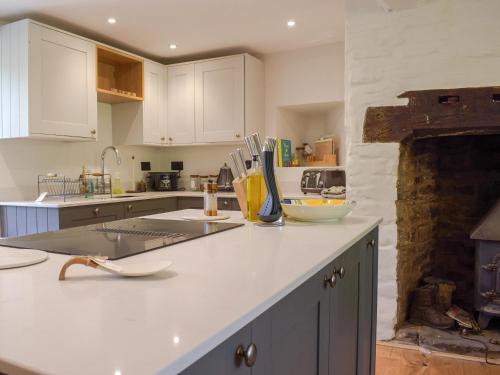 a kitchen with white cabinets and a counter top at Lower Goytre Farmhouse in Llanvair Waterdine