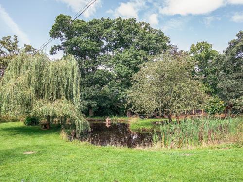 a pond in a field with trees and grass at The Cottage At Dockens Water in Fritham