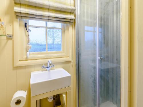 a bathroom with a sink and a shower with a window at The Lambing Shed in Ryhill
