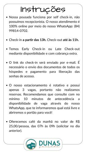 a screenshot of a text message with a list of commands at Pousada Dunas Natal in Natal