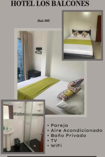 a collage of four pictures of a hotel room at Hotel Los Balcones in Doradal