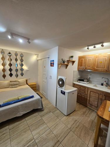a bedroom with a bed and a small kitchen at Vanila Studio in Mýkonos City