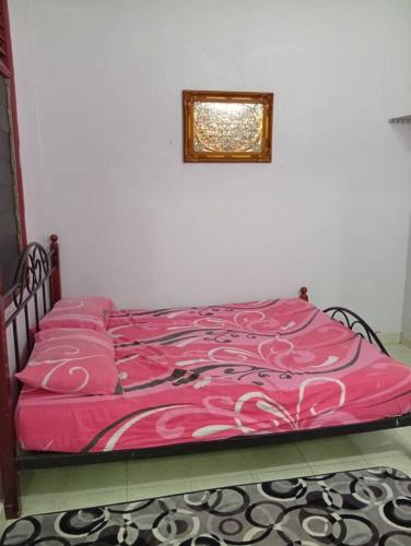 a pink bed in a bedroom with a picture on the wall at Rumah Inap ABC in Pasir Mas
