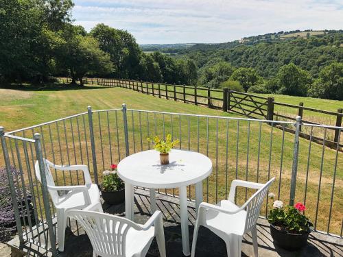 d'une table et de chaises sur un balcon avec vue sur un champ. dans l'établissement Cych Cottage, à Capel-Ifan