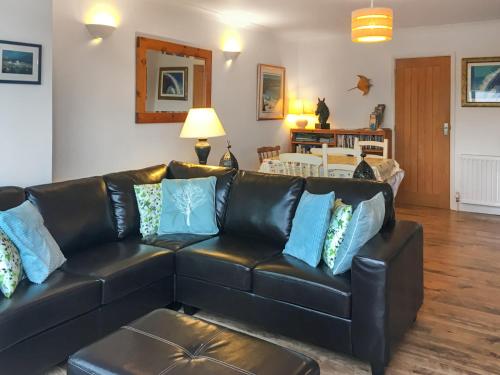 a living room with a black leather couch with blue pillows at Teifi View in Cardigan