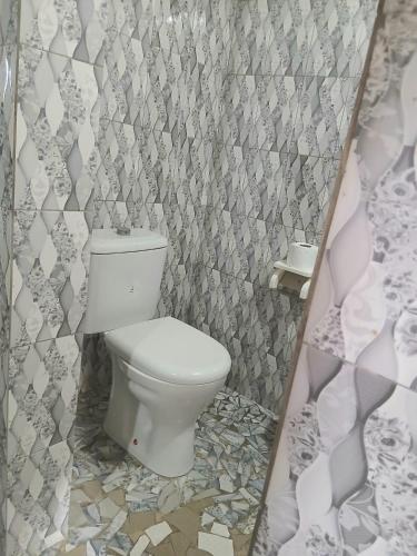 a bathroom with a toilet and a mosaic wall at Diam Bougoum à MAR LODJ in Fimela