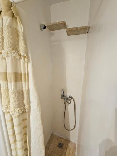 a shower curtain in a bathroom with a showerigun at Vanila Studio in Mýkonos City