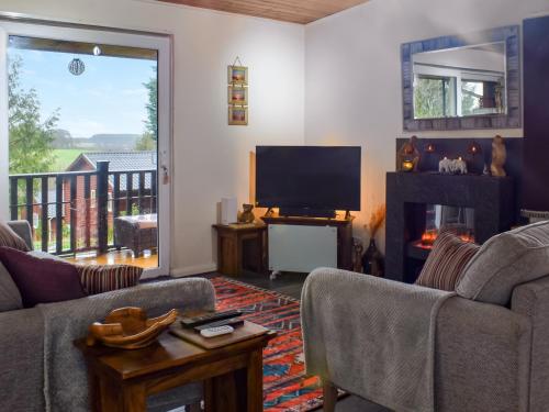 sala de estar con TV y chimenea en Valley View Lodge, en Bideford