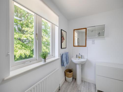a white bathroom with a sink and a window at The Nest in Surfleet