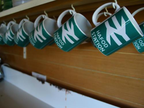 a row of coffee cups hanging on a wall at Hafod Station in Dungeness