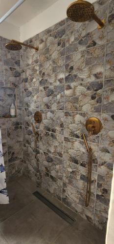 a bathroom with a stone wall with a shower at Golden House in Kidmat Tsvi
