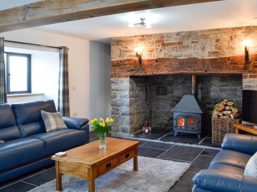 a living room with a couch and a fireplace at Pistyll Gwyn in Llanwrthwl