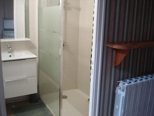 ein Badezimmer mit Glasdusche und Waschbecken in der Unterkunft Appartement Baie du Mont Saint Michel in Cherrueix