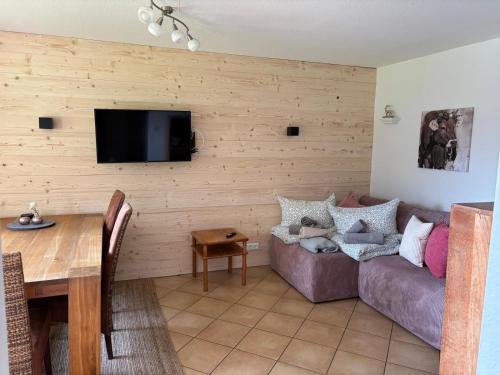 TV a/nebo společenská místnost v ubytování Ferienwohnung Aigisblick mit Pool und Sauna, direkt am Skihang