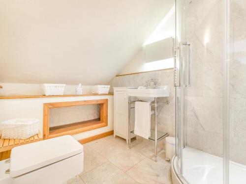 a bathroom with a shower and a toilet and a sink at The Coach House - Uk45027 in Gilwern