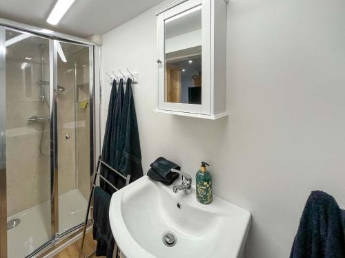 a white bathroom with a sink and a shower at Ddwylig Bach - Uk48623 in St Asaph