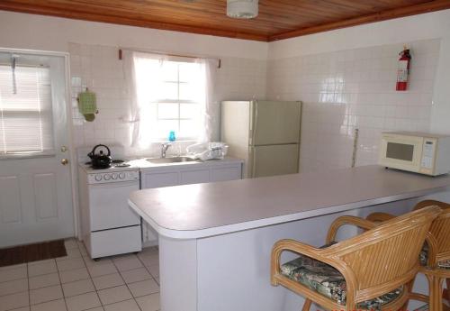 a kitchen with a counter top and a refrigerator at On the Dune - Beachfront Cottage with 50 Mile Ocean View, Pool villa in Palmetto Point