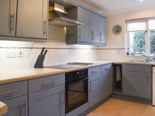 a kitchen with blue cabinets and a sink at Chy Morvoren in Falmouth
