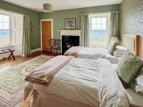 two beds in a bedroom with green walls and a fireplace at Kirklandbank Farmhouse in Alyth