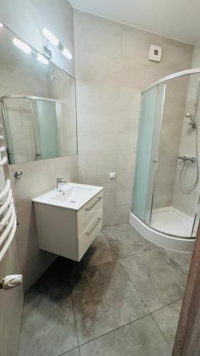 a bathroom with a sink and a shower and a mirror at Apartamenty Bistro12 in Sokoły