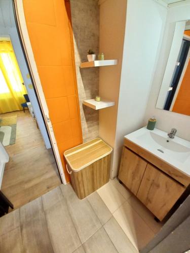 a small bathroom with a sink and a toilet at Duplex Éléonore-Lilas in Mulhouse