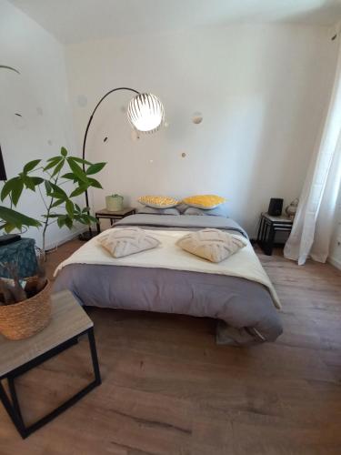a bedroom with a large bed and a potted plant at Duplex Éléonore-Lilas in Mulhouse