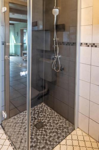 a shower with a glass door in a bathroom at Haus Seestern in Kalkar