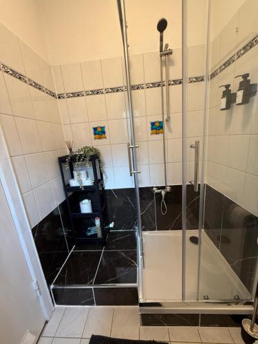 ブレーマーハーフェンにあるZentrales Apartment Yachthafen free parkingの浴室のガラス扉付きシャワー
