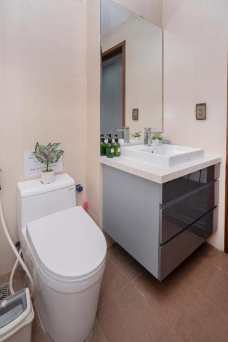 a bathroom with a white toilet and a sink at La Passion - Tay Ho Hanoi One Bedroom Apartment! in Hanoi