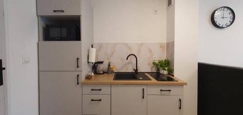 a kitchen with a sink and a refrigerator at VESTA Apartamenty M52 Free parking in Szczecin