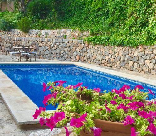 コスタ・デン・ブラネスにあるVilla Tramuntanaの花と石の壁のスイミングプール