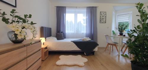 a bedroom with a bed and a desk and a window at VESTA Apartamenty M52 Free parking in Szczecin