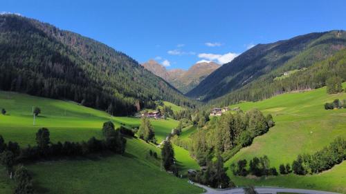 a green valley with trees and mountains in the background at Pension Wirt am Bach in Terento