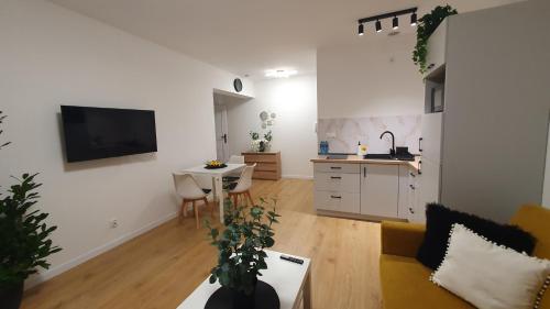a living room with a couch and a table at VESTA Apartamenty M52 Free parking in Szczecin