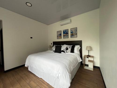 a white bedroom with a large white bed in it at Villa Luciérnaga in Castro