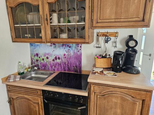 a kitchen with a sink and a counter top at Holzhaus Chalet Nationalpark Eifel Hund willkommen in Hellenthal