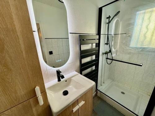 a bathroom with a sink and a shower and a mirror at Maison Moana Groupama Stadium LDLC Arena Eurexpo in Meyzieu