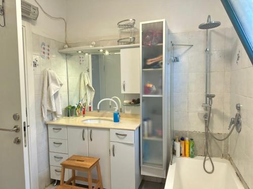 a bathroom with a shower and a sink and a tub at Tal Shahar Extension in Tal Shaẖar