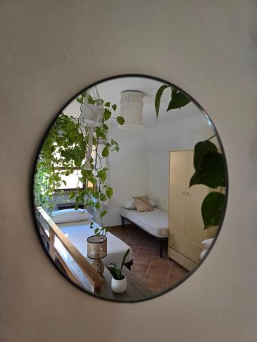 a mirror reflecting a living room with a table and a couch at Domu Malaspina in Bosa