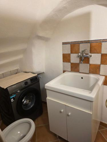 a bathroom with a sink and a washing machine at Domu Malaspina in Bosa