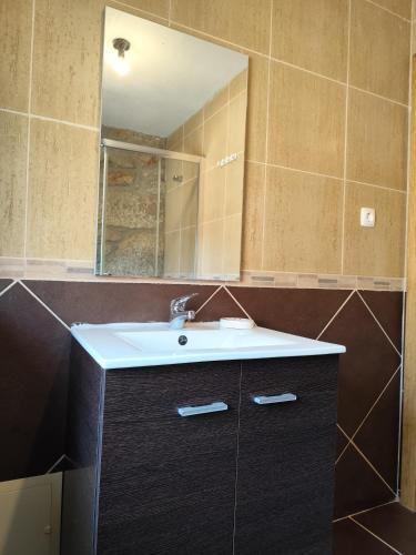 a bathroom with a sink and a mirror at Oak House in São João do Monte