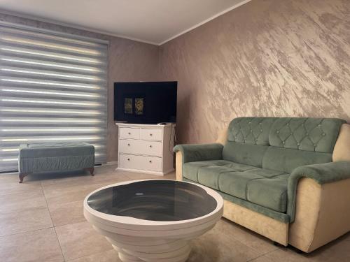 a living room with a green couch and a tv at Vila Sava with Pool & Jacuzzi and House Boat in Belgrade
